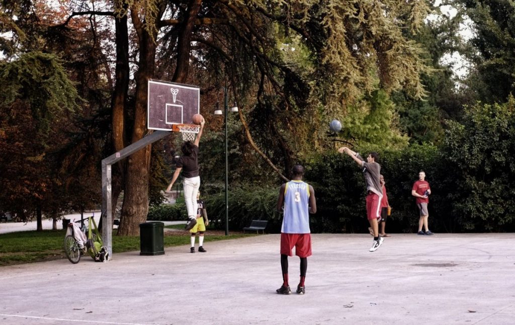 Basketball game outdoors in Milan Italy