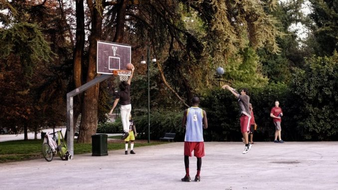 Basketball game outdoors in Milan Italy