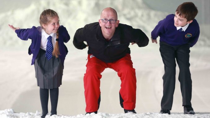 Eddie Eagle Edwards with school children