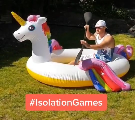 Isolation games kayaking in an inflatable unicorn