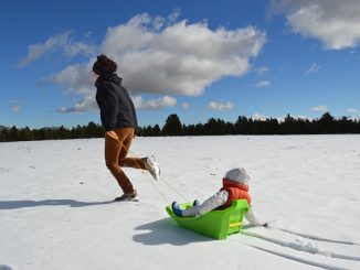 Woman pulling child on a sledge